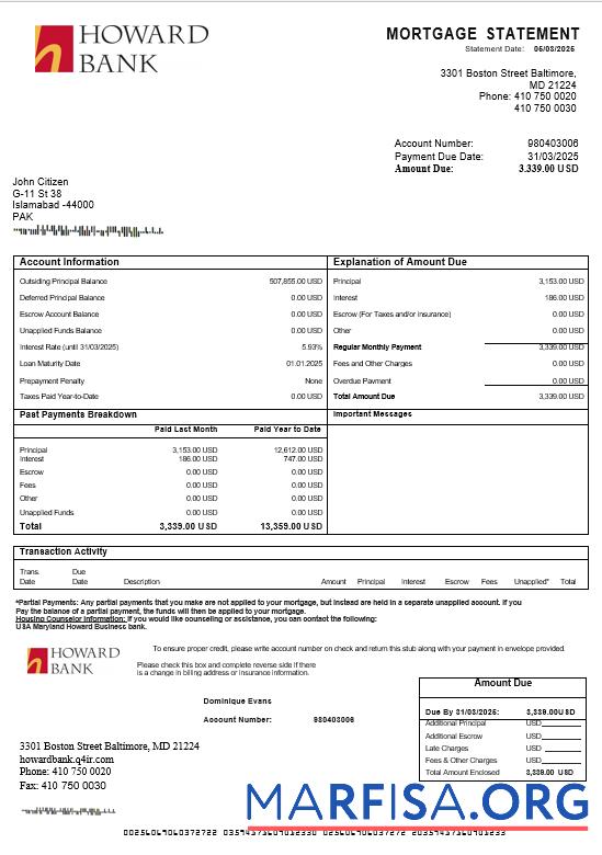 Blank USA Maryland Howard Business bank mortgage statement in Word and PDF formats real example
